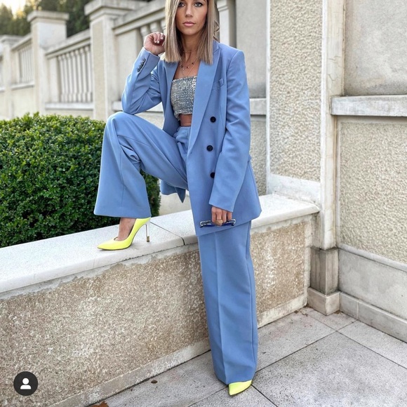 ZARA Wide Leg Pants Sky Blue - Picture 9 of 10